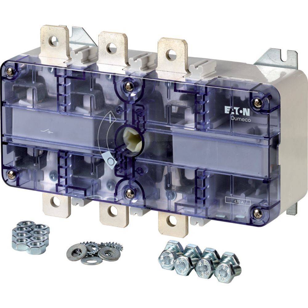 Ein blau-weißer Elektroschalter mit vier Löchern, beschriftet mit 'EATON Dumeco', liegt auf einer Oberfläche mit Muttern und Schrauben in der Nähe.