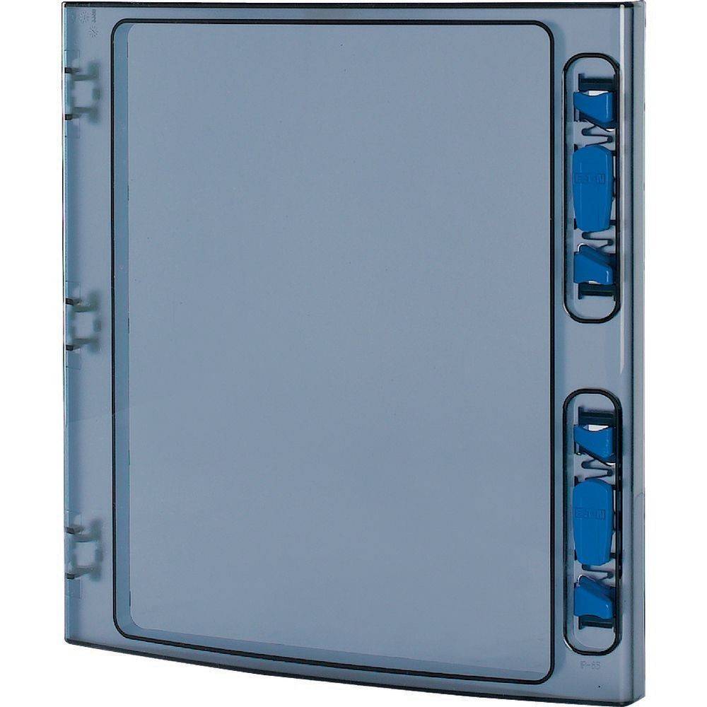 Eine transparente, blaustichige Schutzbox mit blauen Verschlussmechanismen an der rechten Kante, die zum Sichern von Gegenständen im Inneren konzipiert ist.