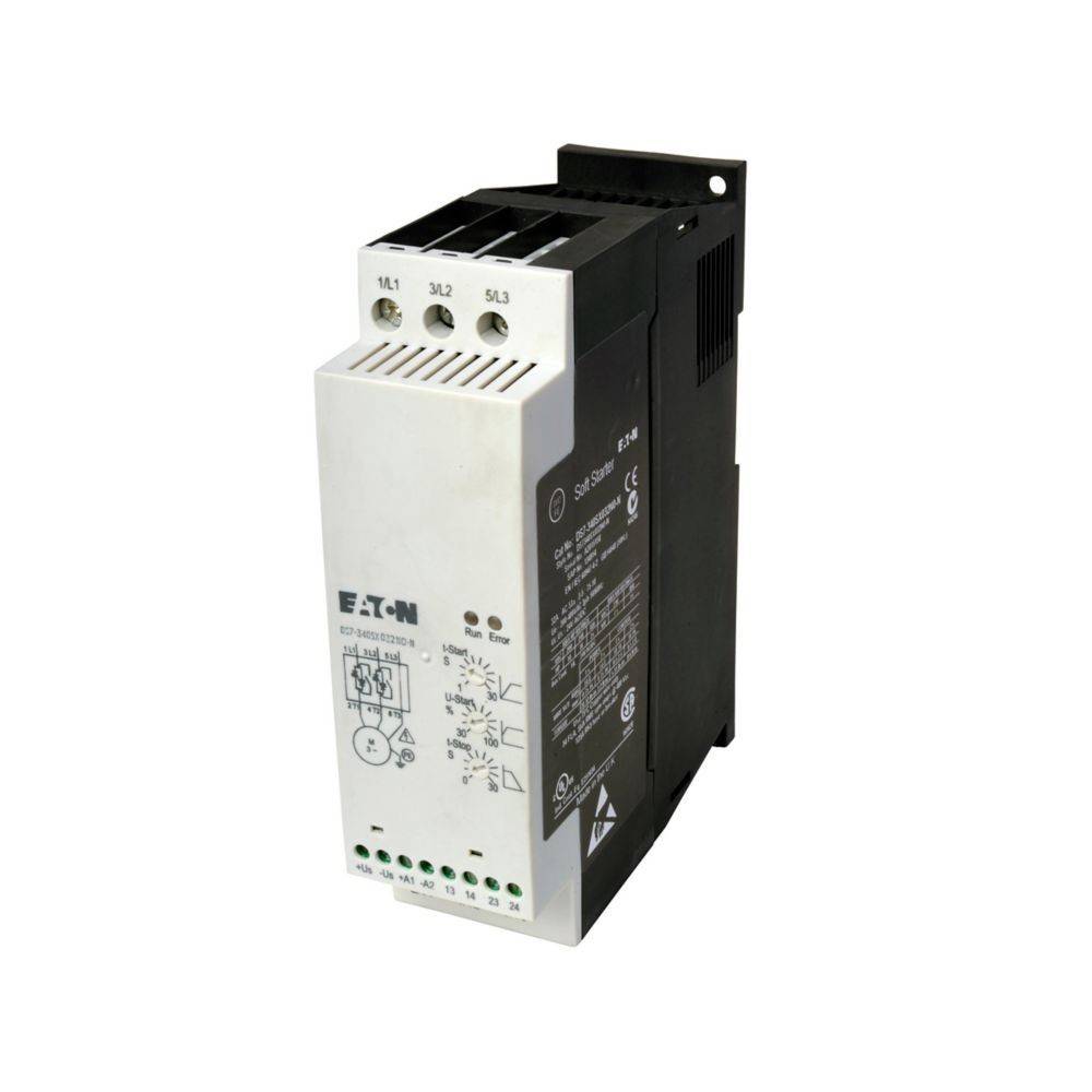 Eaton Sanftstarter mit weißem Panel und schwarzem Gehäuse, versehen mit elektrischen Komponentendiagrammen und technischen Spezifikationen.