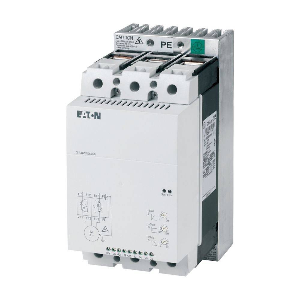 Eaton-Schütz mit beschrifteten Klemmen, Schaltern und Schaltplan auf der Vorderseite. Wird zur Steuerung elektrischer Stromkreise verwendet.