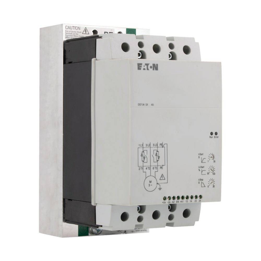 Eaton-Elektrogerät mit Diagramm und Anschlusspunkten an der Frontseite. Verwendet zur Steuerung von Motorbetrieben und elektrischen Stromflüssen.