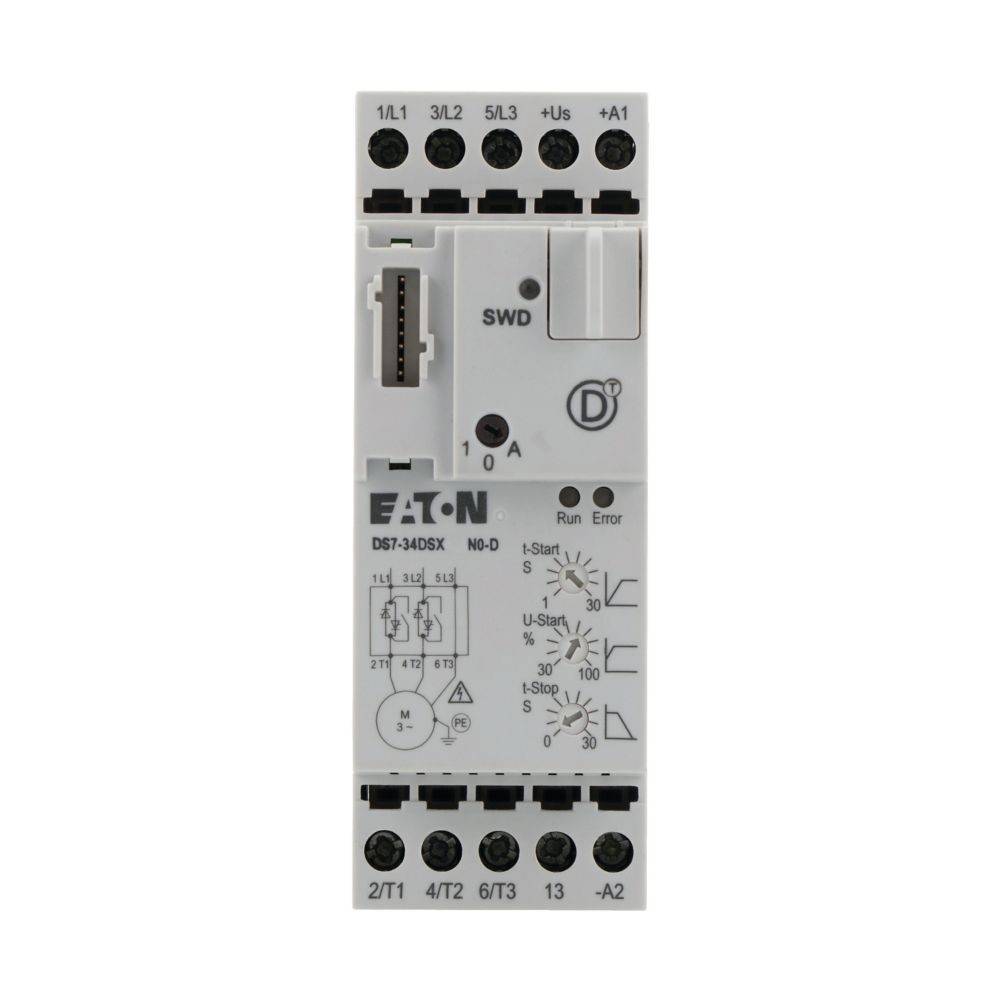Elektrisches Relaisgerät mit mehreren Anschlussklemmen, beschrifteten Drehschaltern und Schaltern für einstellbare elektrische Einstellungen. Mit der Markenbezeichnung 'Eaton' gekennzeichnet.