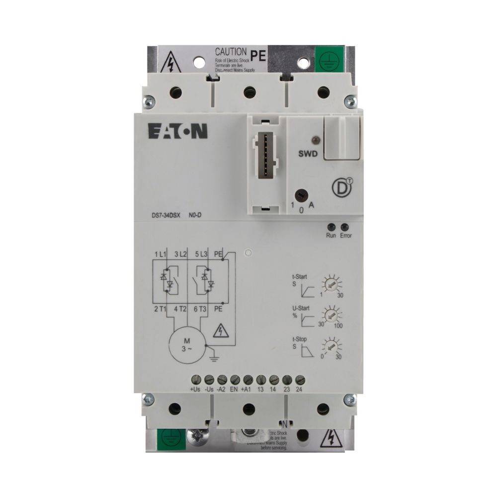 Eaton-Motorstarter, Modell DS7-342SX, mit Steuerungstasten, Statusanzeigen und Schaltplan auf der Frontplatte.