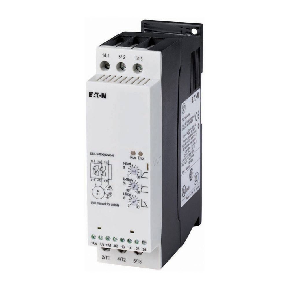 Elektrisches Gerät mit der Bezeichnung 'Eaton', möglicherweise ein Motorstarter oder -steuergerät, mit mehreren Anschlüssen und einem Einstelldrehknopf.