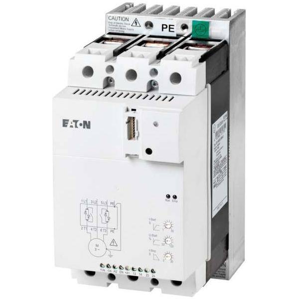 Eaton Elektromotor-Anlasser mit Steuerungstafel, ausgestattet mit Einstellungswahlschaltern und einem USB-Anschluss, verwendet für industrielle Motorsteuerung.