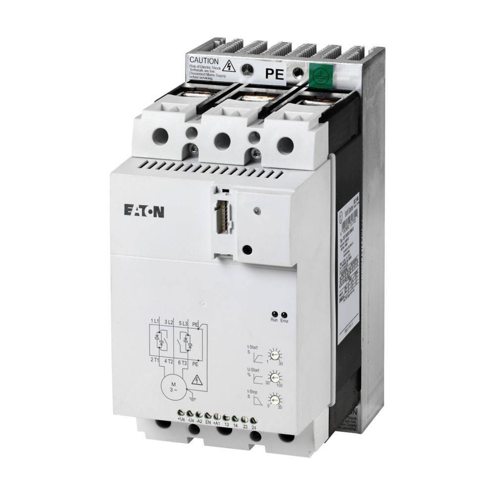 Eaton' elektronische Komponente mit Tasten und Diagramm auf der Vorderseite, mit Warnhinweis auf der Oberseite. Primär für elektrische Systeme.