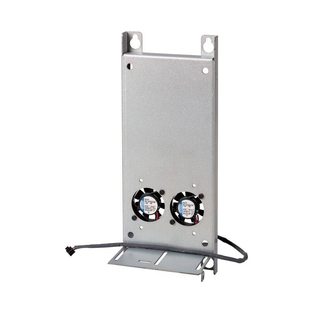 Eine silberne Metallhalterung mit zwei kleinen Kühlventilatoren und einem Verbindungskabel, entwickelt für elektronische Geräte oder zur Installation in Serverracks.