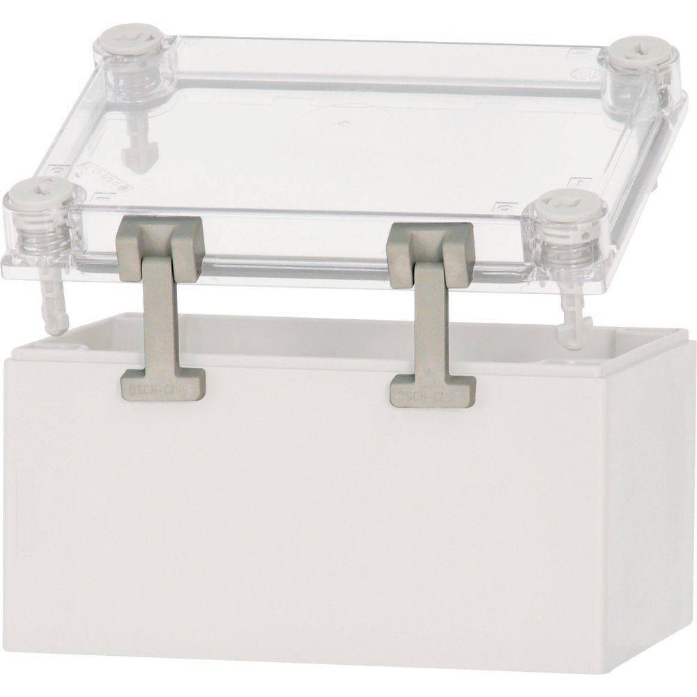 Durchsichtige Plastikbox mit Deckel mit Scharnier und vier Stützpfosten, ruhend auf einer weißen rechteckigen Basis.