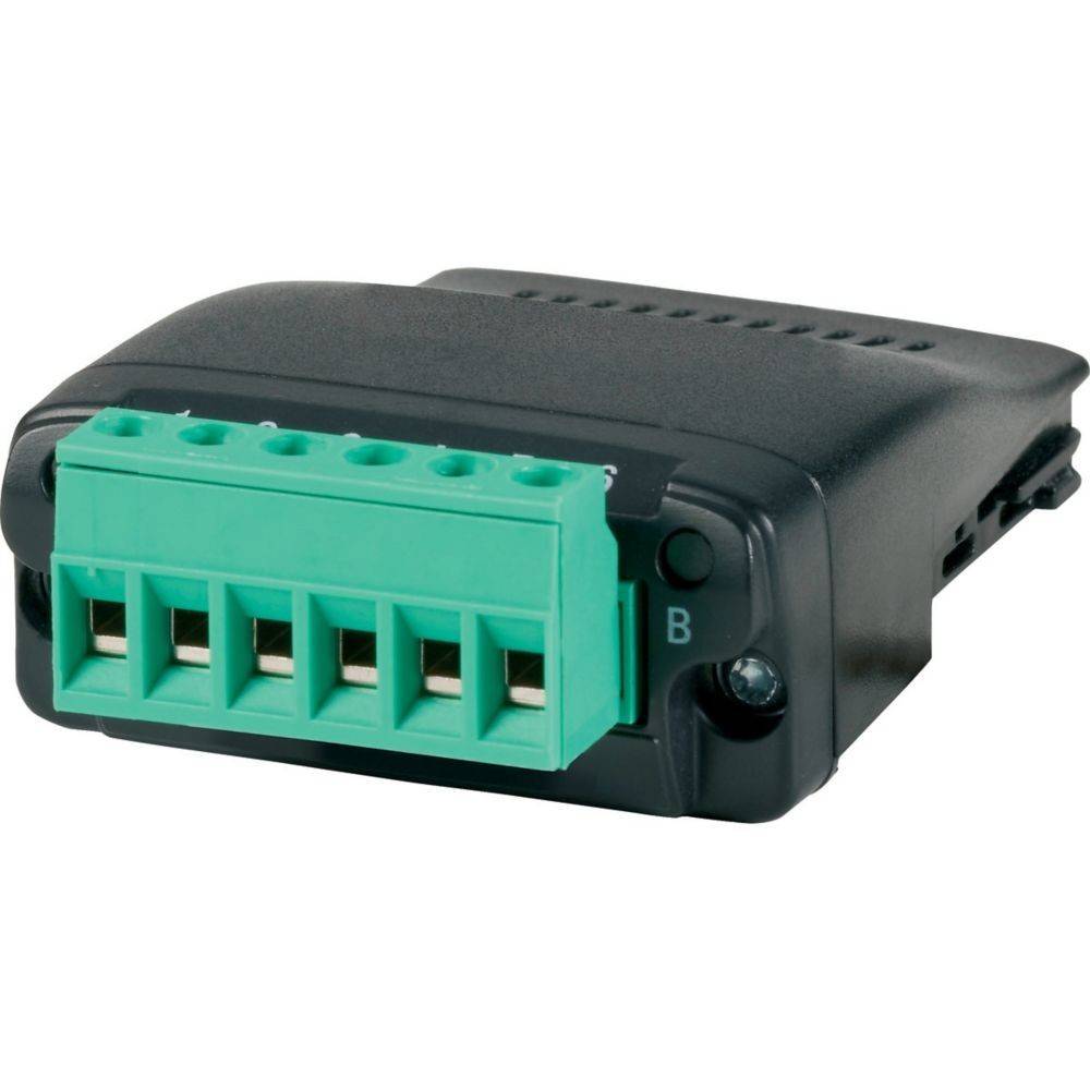 Eine schwarze, rechteckige elektronische Komponente mit einem grünen Anschlussblock, die mehrere Anschlusspunkte für Verdrahtung an einer Seite aufweist.