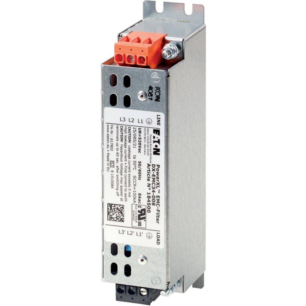 Elektrische Komponente mit der Bezeichnung 'EATON' und Anschlüssen an Ober- und Unterseite, ausgestattet mit Eingabe-/Ausgabeverbindungen, technischen Spezifikationen und Zertifizierungen.