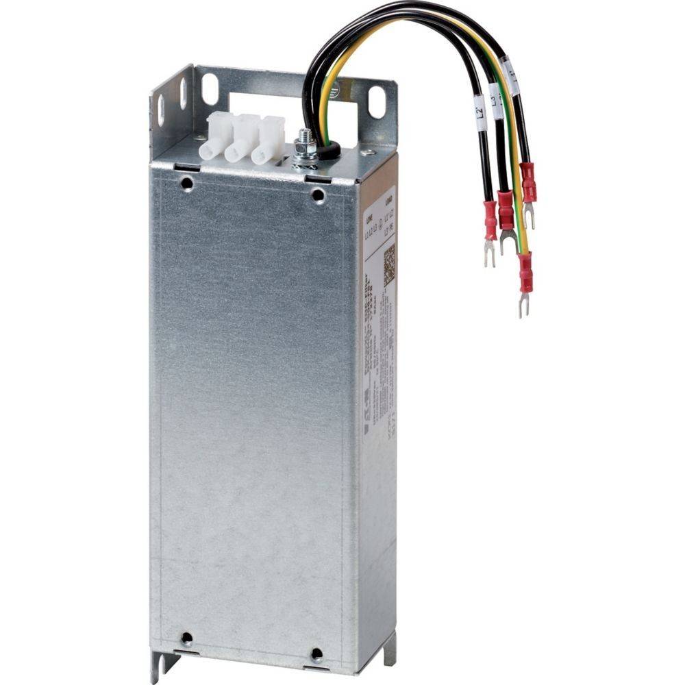 Eine Metallkomponente für die Elektronik mit vier farbigen Kabeln, die von der Oberseite abstehen und zur Filterung von elektrischen Störungen in Schaltkreisen verwendet wird.