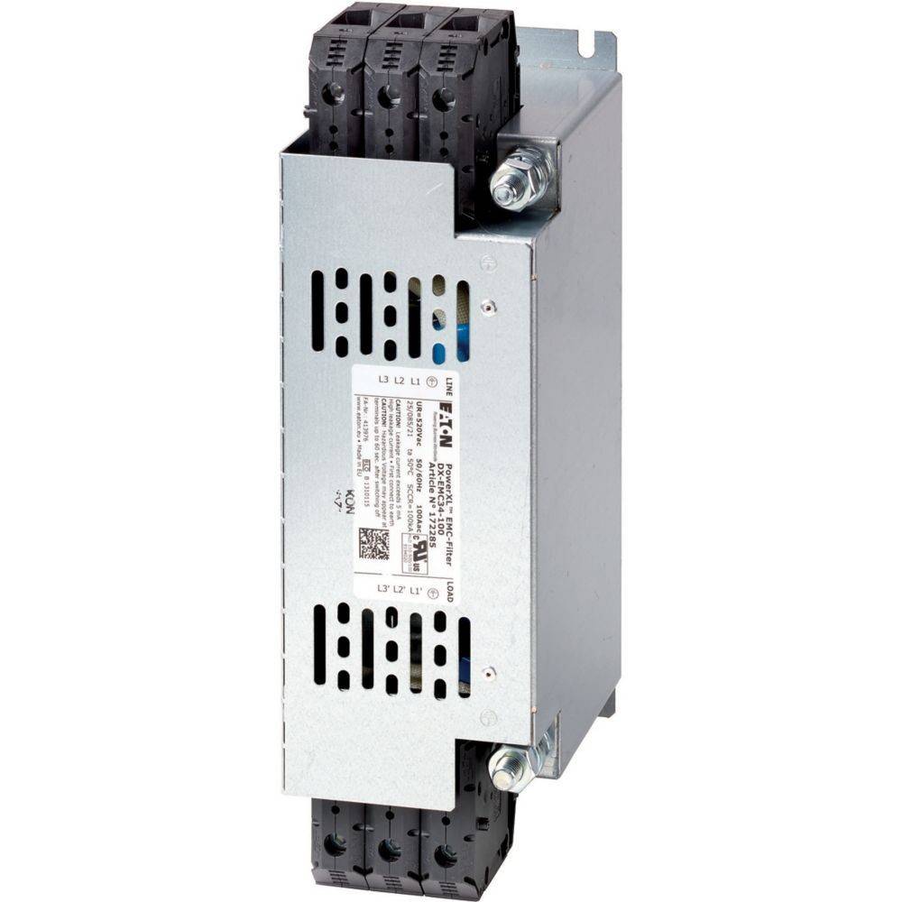 Eine rechteckige Metallkomponente mit Schlitzen und Beschriftung an der Vorderseite, die für elektrische Zwecke verwendet wird. Schwarze Anschlüsse sind an der Oberseite sichtbar.