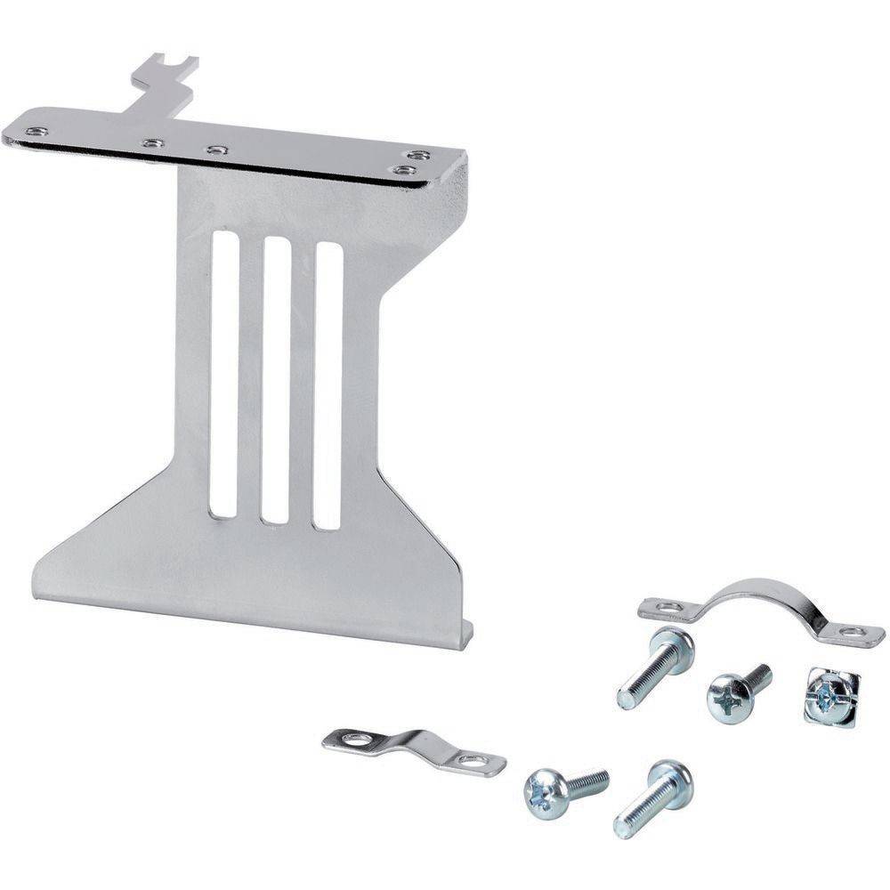Metallhalterungsset mit Schrauben und Clips, verwendet zum Montieren elektronischer Geräte. Enthält eine Haupthalterung und verschiedene Befestigungselemente.