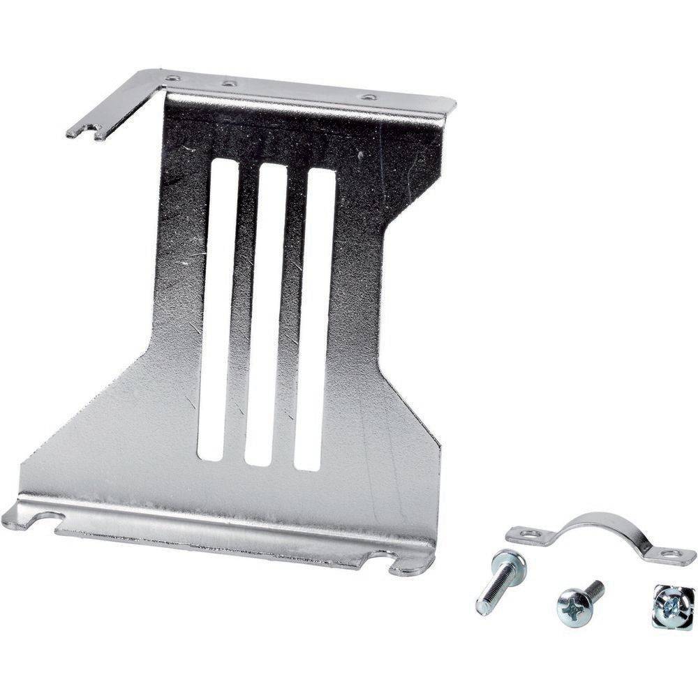 Eine Metallbefestigungshalterung mit zwei Schrauben und einem kleinen gebogenen Stück, die zur Installation in technischen Geräten oder Vorrichtungen verwendet wird.