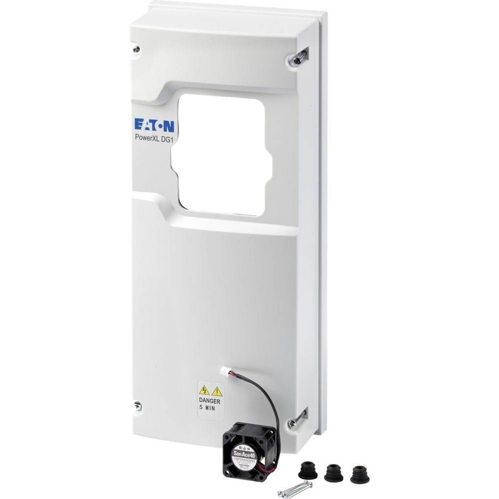 EATON PowerXL DG1 weiße elektrische Abdeckplatte mit einer zentralen Aussparung, Warnschild und angebrachtem kleinem Kühlventilator unten.