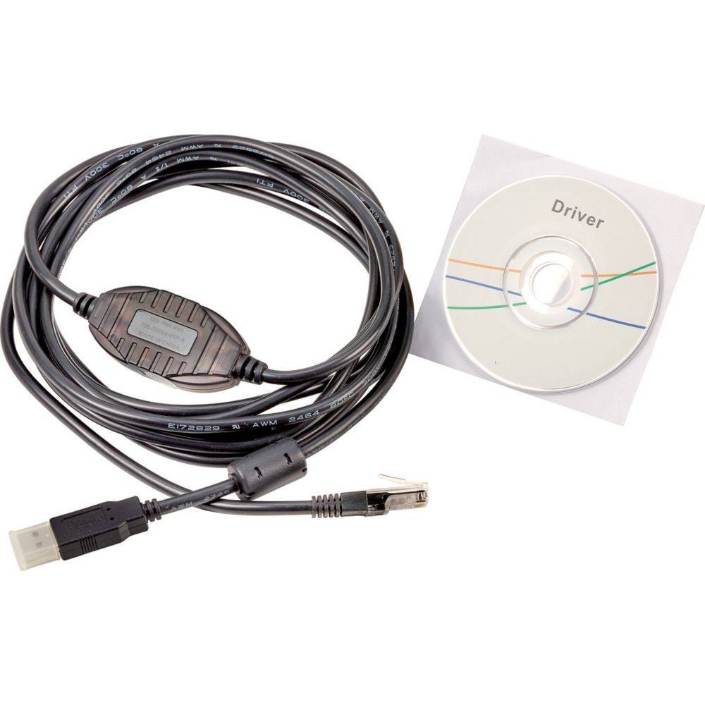 USB-zu-RS232-Adapterkabel mit einer Treiber-CD, verwendet zum Anschluss serieller Geräte an USB-Ports. Komponenten sind gewickelt und nebeneinander platziert.