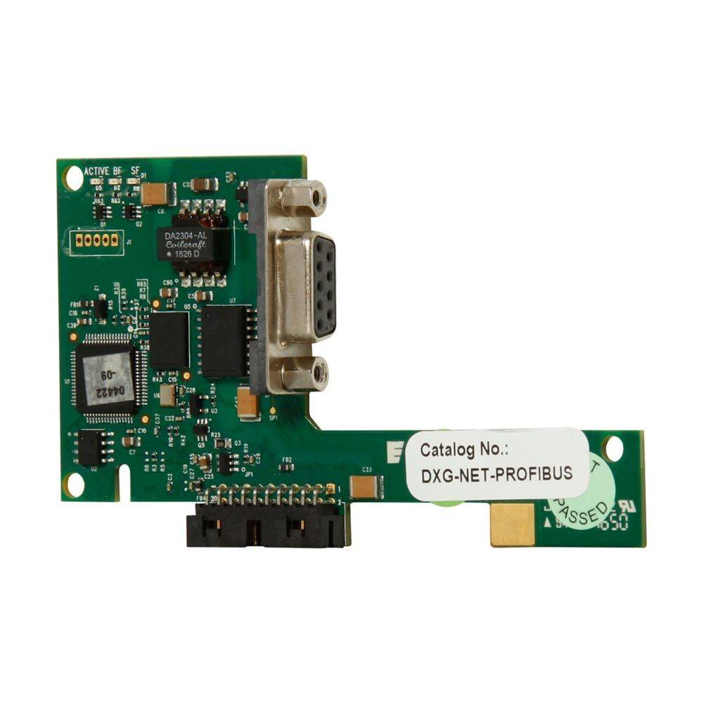 Katalog-Nr.: DXG-NET-PROFIBUS, grüne Leiterplatte mit elektronischen Komponenten und einem DB9-Stecker.
