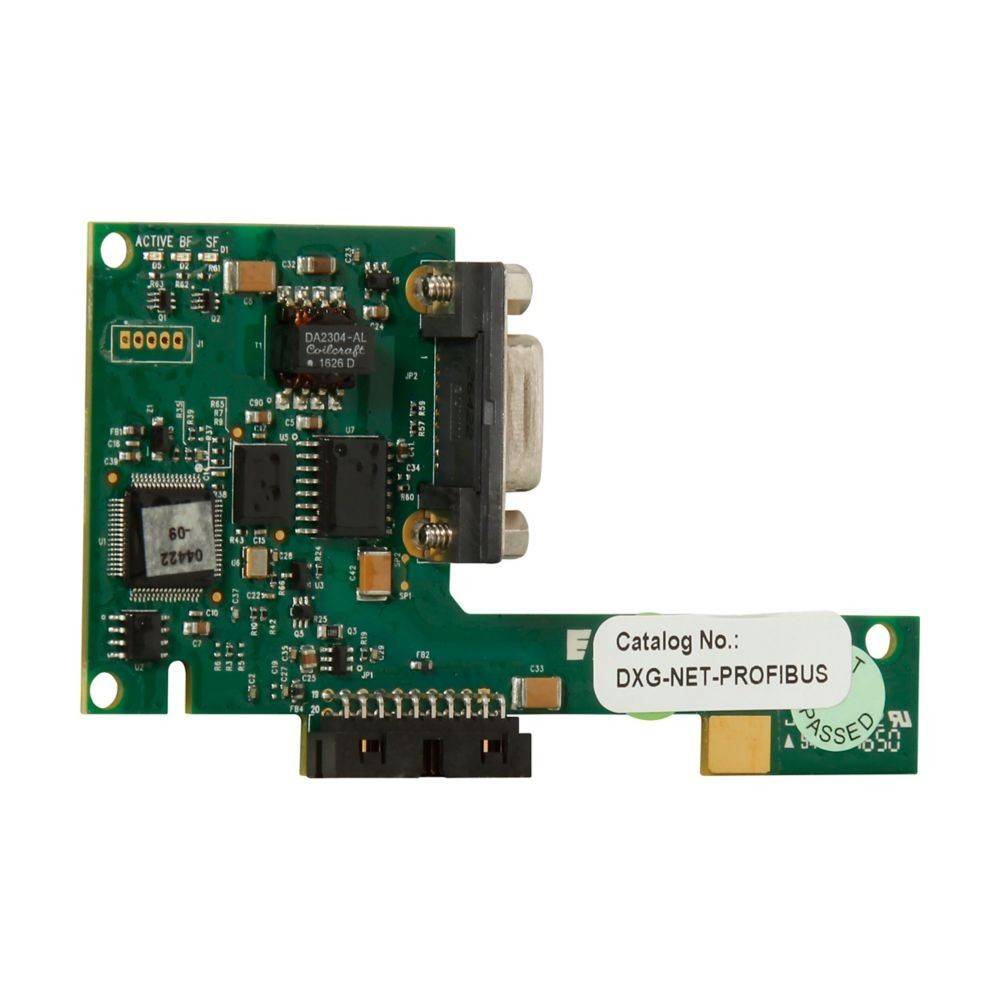 Netzwerkkarte 'DXG-NET-PROFIBUS' mit grüner Leiterplatte, mehreren Chips, Anschlüssen und beschrifteter Katalognummer.