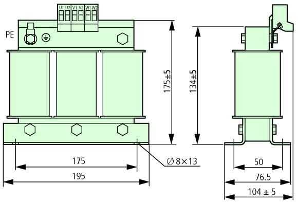 Technische Zeichnung einer elektrischen Komponente mit detaillierten Abmessungen: 175x195x134, mit Anschlüssen U1, U2, V1, V2, W1, W2.