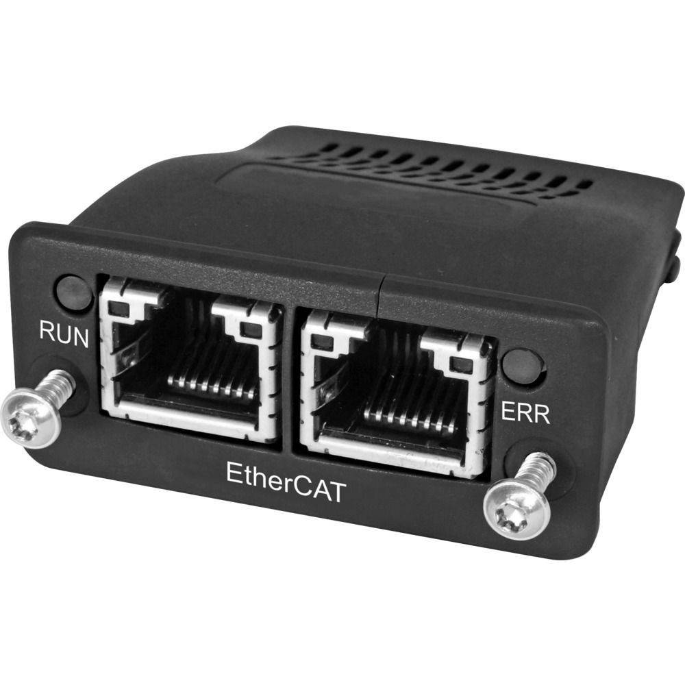 EtherCAT-Netzwerkmodul mit zwei Ethernet-Ports, gekennzeichnet mit 'RUN' und 'ERR' zur Verbindungs- und Fehlerstatus-Anzeige, verwendet in der industriellen Automatisierung.
