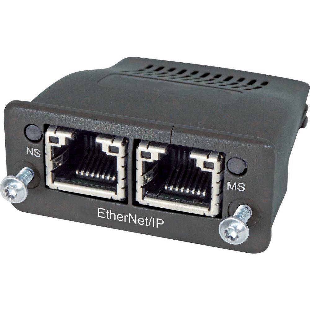Ein schwarzes Netzwerkmodul mit zwei Ethernet-Ports, beschriftet mit 'NS' und 'MS', und dem Text 'EtherNet/IP' darunter. Verwendet für Konnektivität in Automatisierungssystemen.