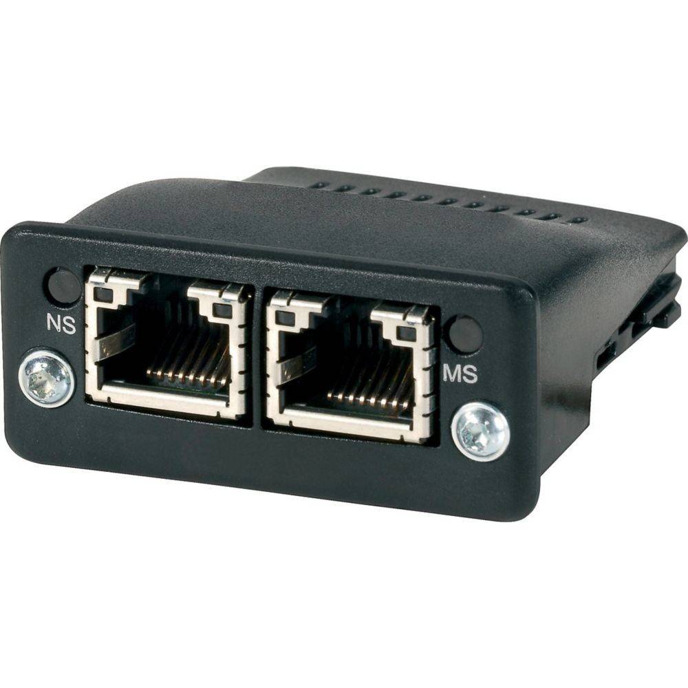 Ein schwarzer Ethernet-Koppler mit zwei RJ45-Anschlüssen, die mit 'NS' und 'MS' für Netzwerkverbindungen beschriftet sind.