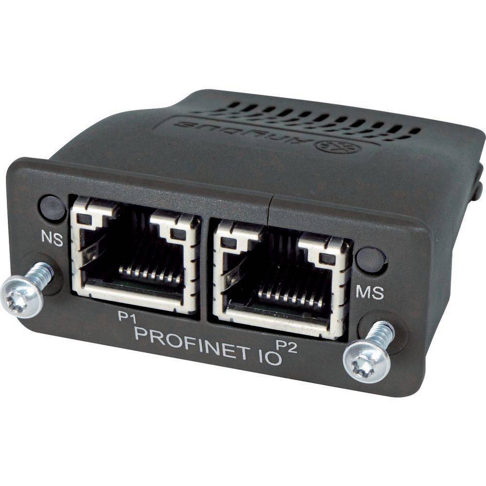 Ein Profinet IO-Gerät mit zwei Ethernet-Ports, gekennzeichnet als 'P1' und 'P2'. Es verfügt über Statusanzeigen, beschriftet mit 'NS' und 'MS' zur Netzwerküberwachung.