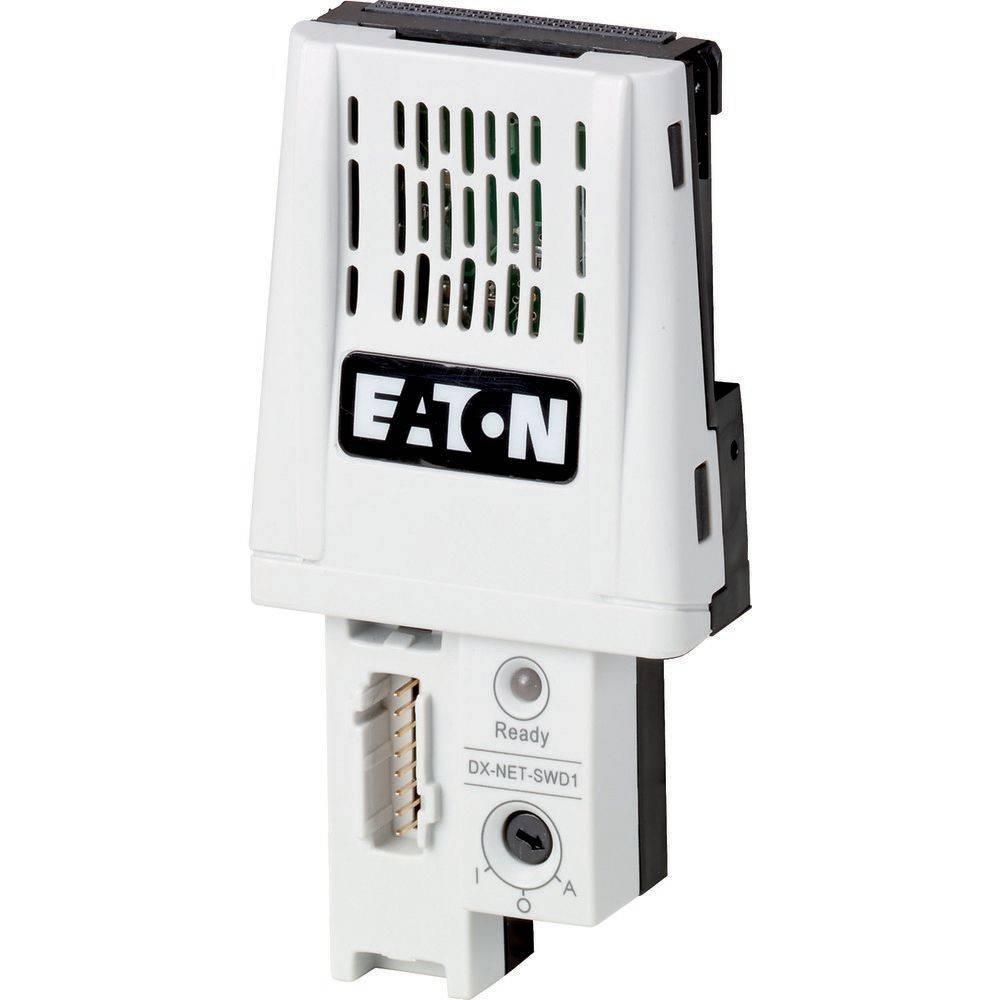 Eine Nahaufnahme eines Eaton DX-NET-SWD1-Geräts mit einem Lüftungsgitter, einer Anzeige mit der Beschriftung „Bereit