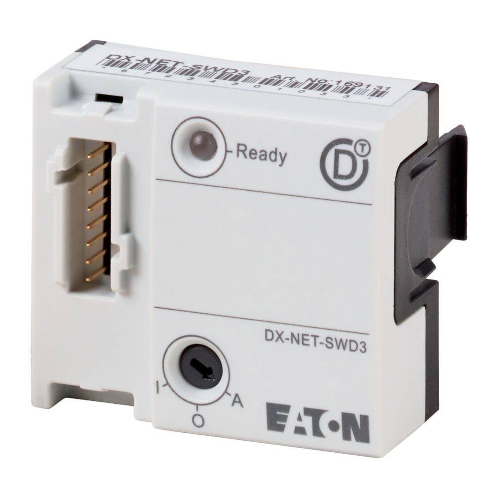Eaton DX-NET-SWD3' Geräte-Modul mit Firmenlogo, horizontal ausgerichtet. Es verfügt über Anschlüsse und Anzeigen mit den Bezeichnungen 'Bereit' und 'E/A'.