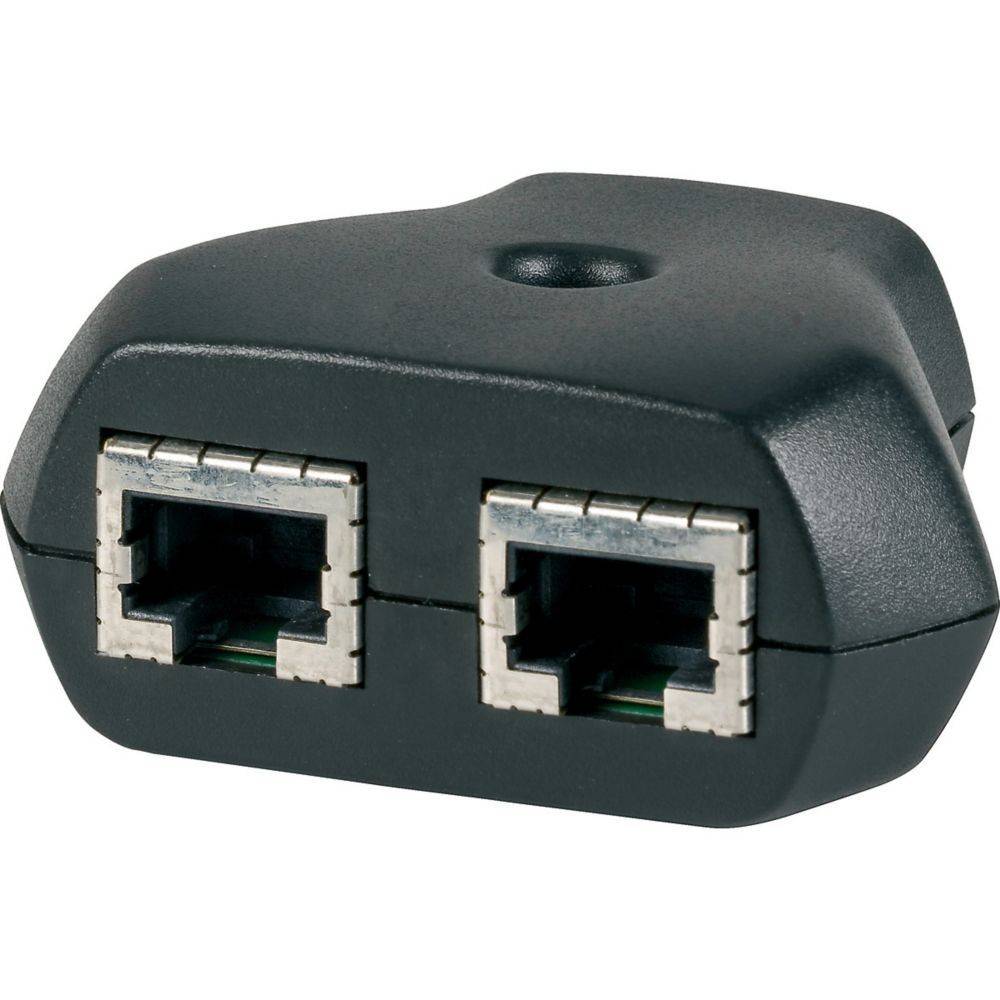 Ein schwarzer RJ45-Ethernet-Verteiler mit zwei Anschlüssen, der verwendet wird, um mehrere Geräte mit einer einzelnen Netzwerkverbindung zu verbinden.