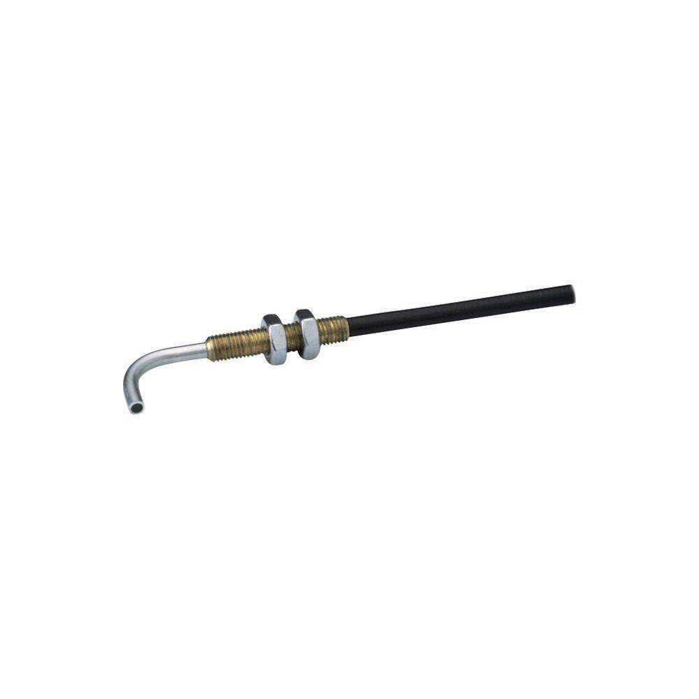 Ein metallisches L-förmiges Kraftstoffeinspritzrohr mit Messingfittings und einer schwarzen Verlängerung, möglicherweise für automotive oder mechanische Anwendungen verwendet.