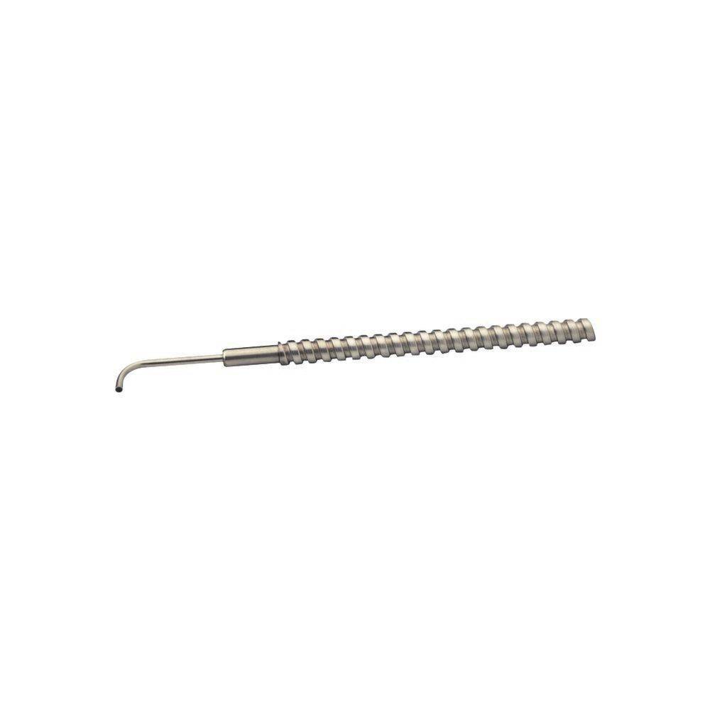 Ein Dentalmesser aus Metall mit einem gekrümmten Haken am Ende, das zur Untersuchung von Zähnen verwendet wird. Der Griff verfügt über eine strukturierte Oberfläche für präzise Handhabung.