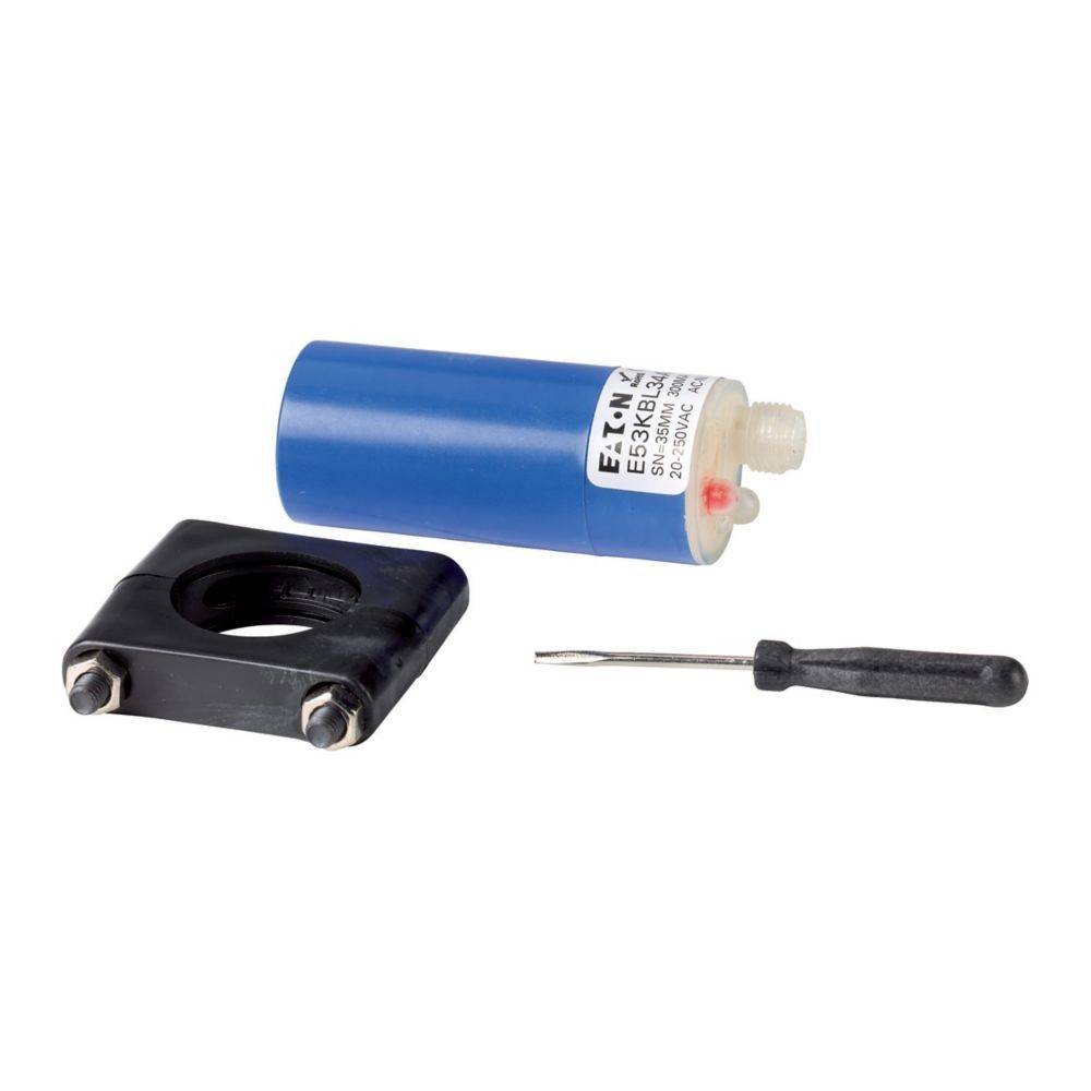 Ein blauer zylindrischer E.T.N.-Sensor mit einer Montageklammer und einem kleinen Schraubendreher daneben, verwendet für präzise elektronische Messungen.