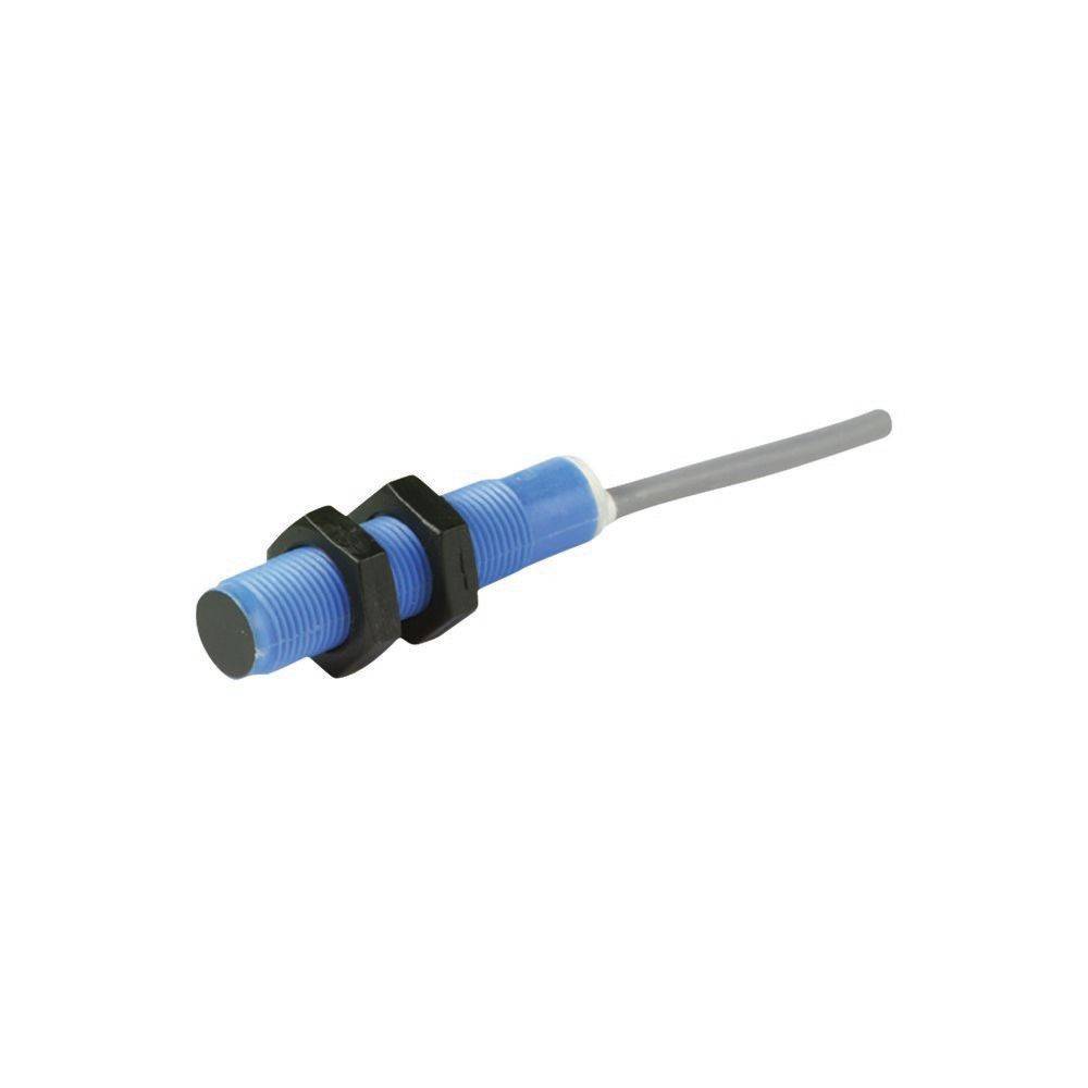 Ein zylindrischer blauer induktiver Sensor mit einem grauen Kopf und angeschlossenem grauen Kabel, ausgestattet mit zwei schwarzen Einstellmuttern.