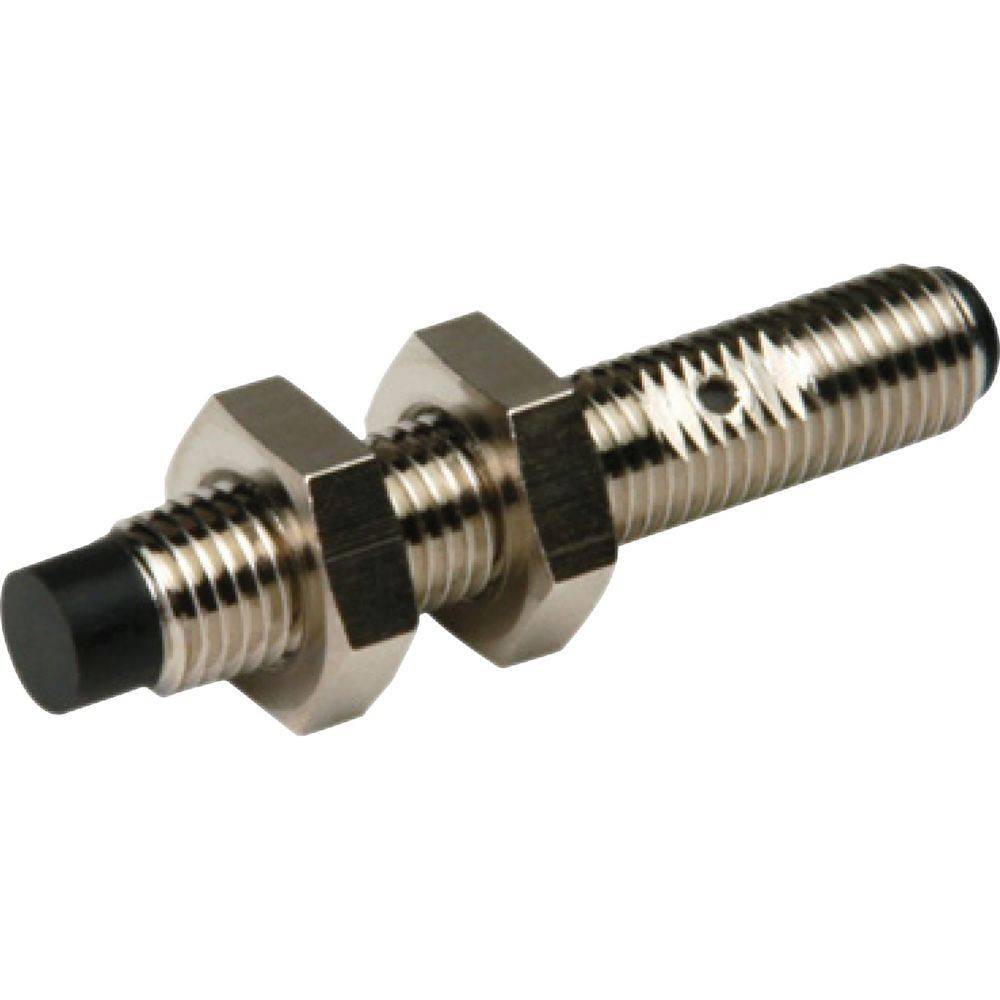 Ein Metallgewinde-Sensor mit einer zylindrischen Form und einer schwarzen Spitze, der eine zentrale Sechskantmutter aufweist und für industrielle Anwendungen verwendet wird.