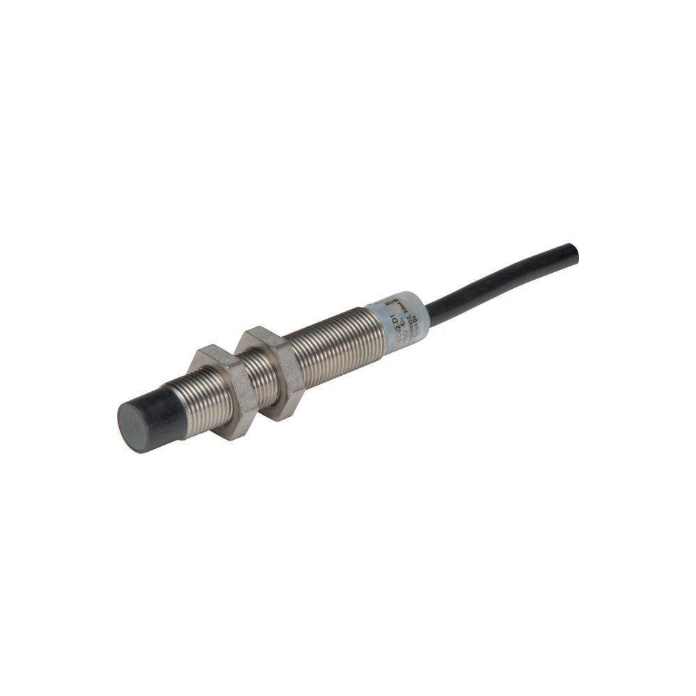 Ein zylindrischer metallischer Sensor mit angeschlossenem Kabel, wahrscheinlich zur Erkennung von Nähe oder Bewegung, geeignet für industrielle Umgebungen.
