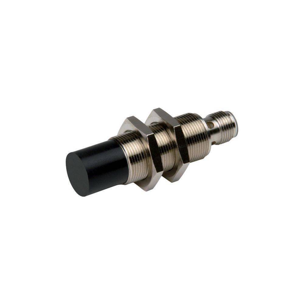 Ein metallischer zylindrischer Sensor mit schwarzer Kappe und Gewindegehäuse, wahrscheinlich für Näherungserkennung in industriellen Anwendungen verwendet.