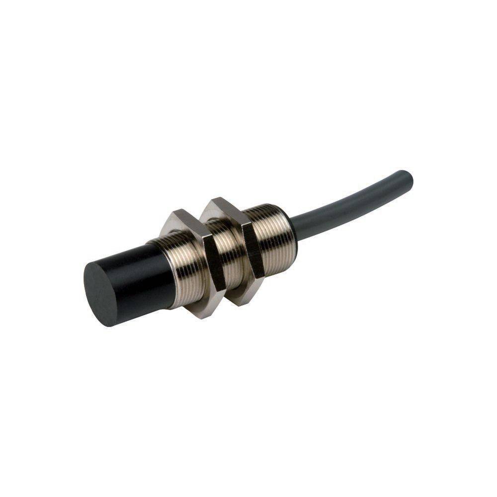 Ein zylindrischer Sensor mit einem geränderten Metallgehäuse, schwarzem Enddeckel und angeschlossenem Kabel für industrielle Anwendungen.