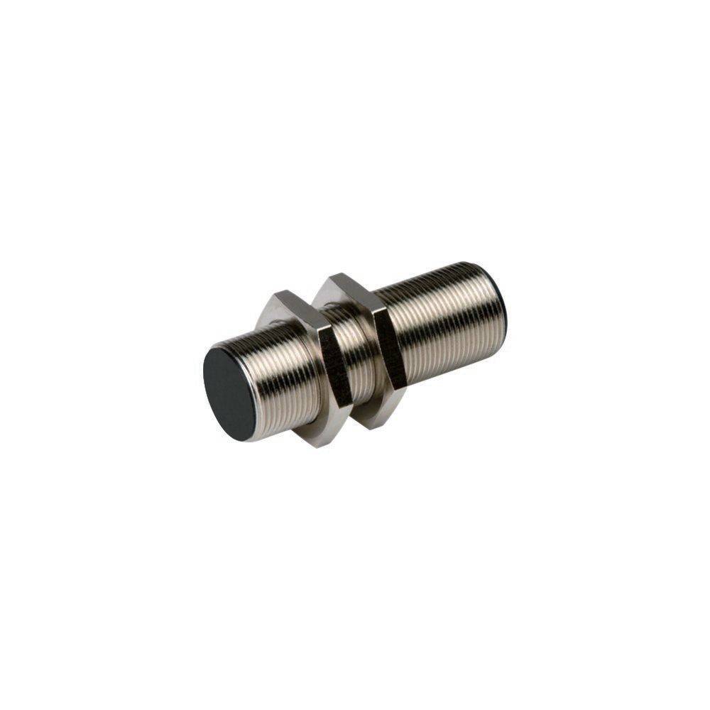 Ein zylindrischer metallischer Näherungssensor mit Gewindekörper, Sechskantmuttern und einem schwarzen Sensorenkopf, konzipiert für industrielle Automatisierungsanwendungen.
