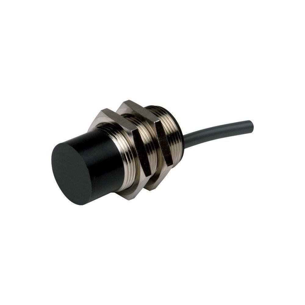Ein zylindrischer schwarzer Sensor mit einem gedrehten Metallgehäuse und einem angeschlossenen Kabel, der häufig in Näherungserkennungsanwendungen eingesetzt wird.