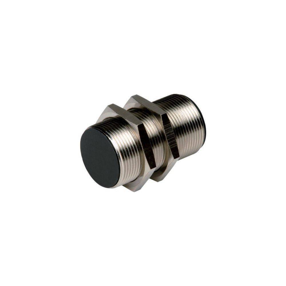 Eine zylindrische Metallkomponente, möglicherweise ein Sensor oder Anschluss, mit gewindeten Kanten und einem flachen schwarzen Ende, isoliert auf weißem Hintergrund.