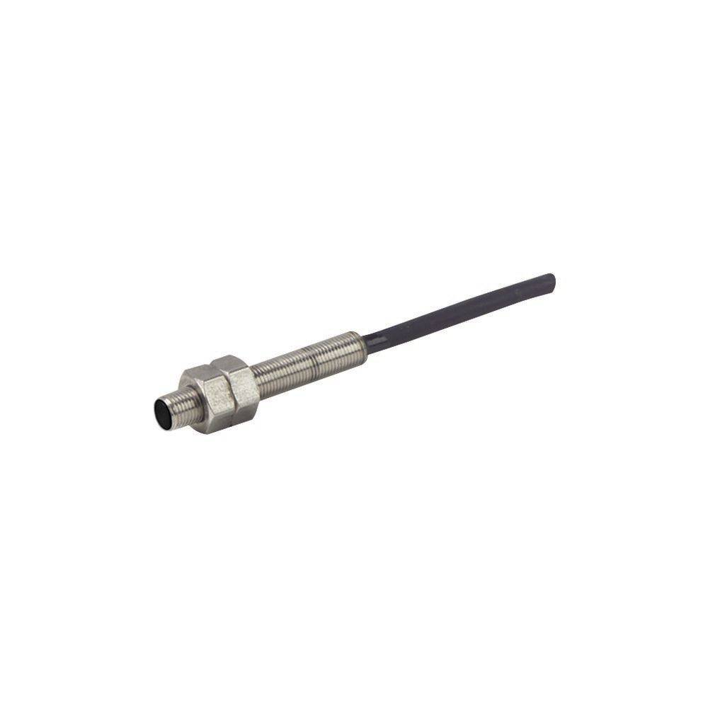 Ein zylindrischer Metallnäherungssensor mit einem Gewindeleib und einem angeschlossenen schwarzen Kabel, der typischerweise zur Objekterkennung in Automatisierungssystemen verwendet wird.