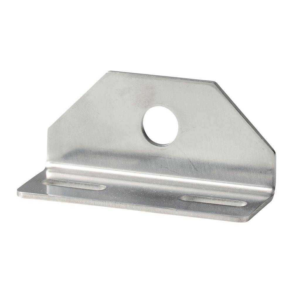 Eine Metallhalterung mit einer flachen Grundfläche und einem vertikalen Abschnitt, der ein kreisrundes Loch in der Mitte aufweist.