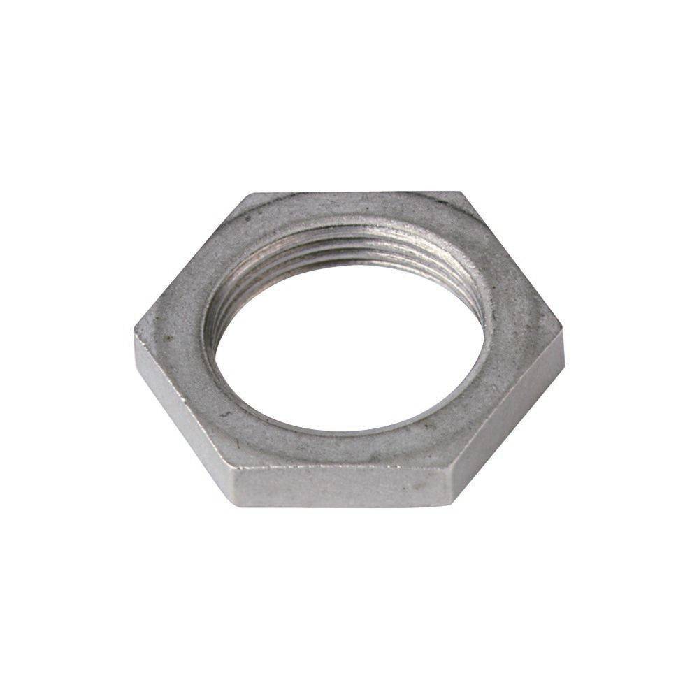 Eine Sechskantmutter aus Metall, von oben betrachtet, die ihr Innengewinde und die flache sechseckige Form zeigt.