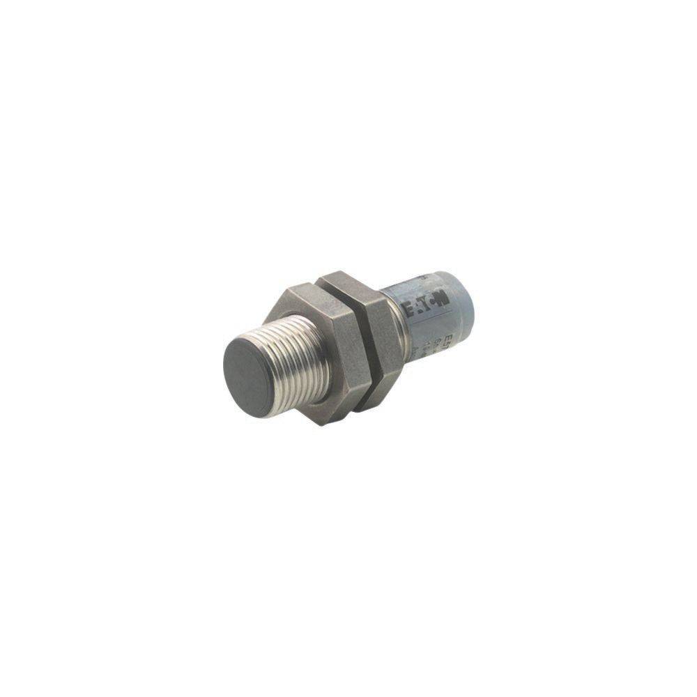 Ein zylindrischer Metallsensor mit Gewindeanschlüssen, der zur Erkennung von Nähe oder Position in industriellen Anwendungen verwendet wird.