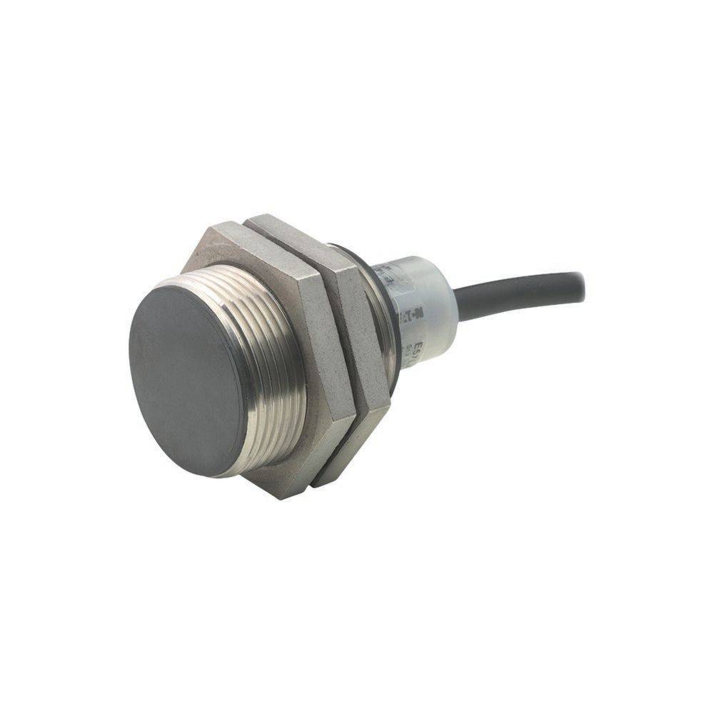 Ein Metallinduktiver Näherungssensor mit einer zylindrischen Form, Gewindegehäuse und einer schwarzen Sensoroberfläche. Ein Kabel erstreckt sich von der Rückseite.