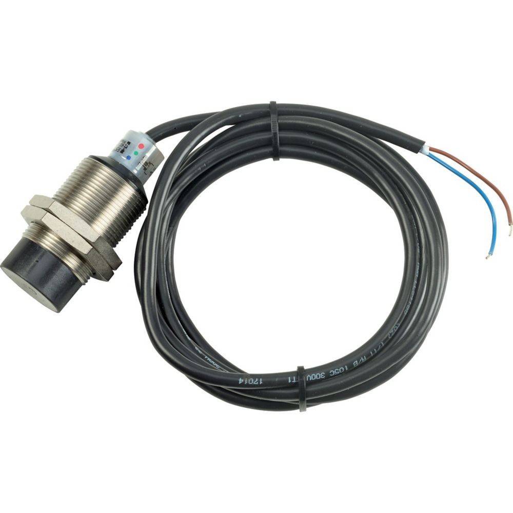 Ein zylindrischer Näherungssensor mit einem metallischen Gewindelöper ist an ein langes schwarzes Kabel angeschlossen, was seinen Einsatz zur Erkennung von Metallobjekten veranschaulicht.