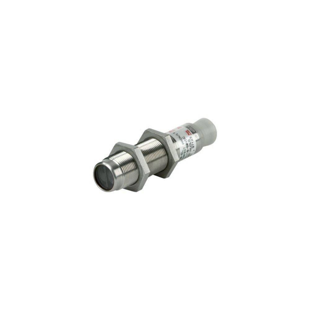 Ein zylindrischer Metallsensor mit optischer Linse, der in der industriellen Automatisierung zur Objekterkennung eingesetzt wird. Er verfügt über Gewindeteile zur Befestigung.