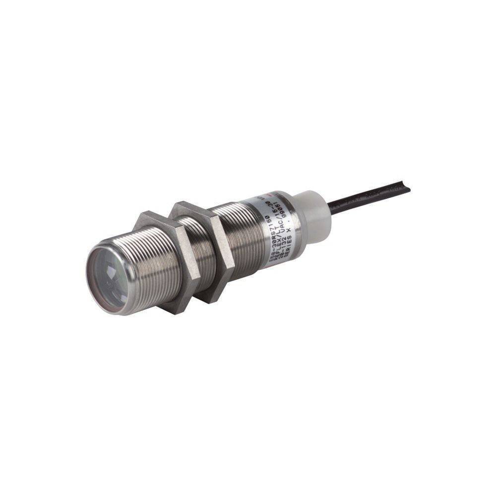 Ein zylindrischer metallischer Sensor mit einem Gewindegehäuse und angeschlossenem Kabel, geeignet für industrielle Automatisierung oder Näherungserkennung.