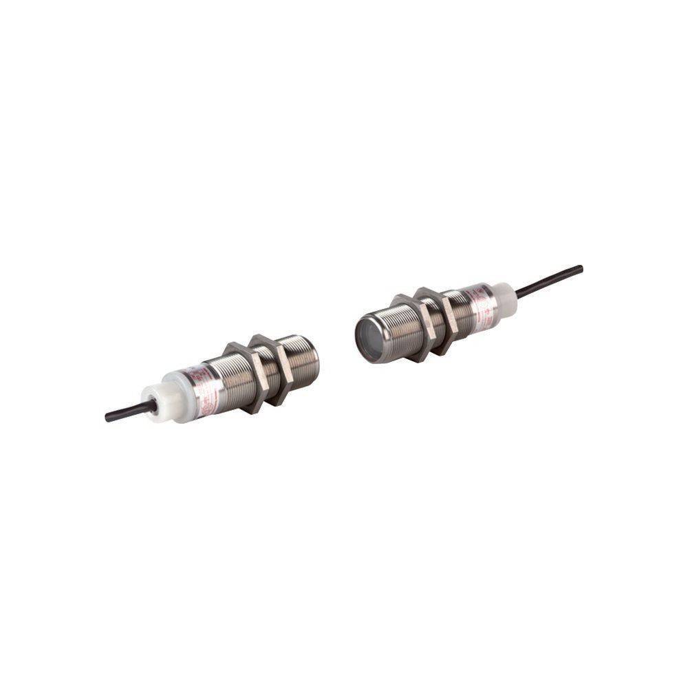 Zwei zylindrische Näherungssensoren mit Kabeln, die einander zugewandt sind. Jeder Sensor hat einen metallischen Körper und ein schwarzes Kabel.